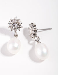 Rhodium Flower Pearl Drop Earrings - link has visual effect only