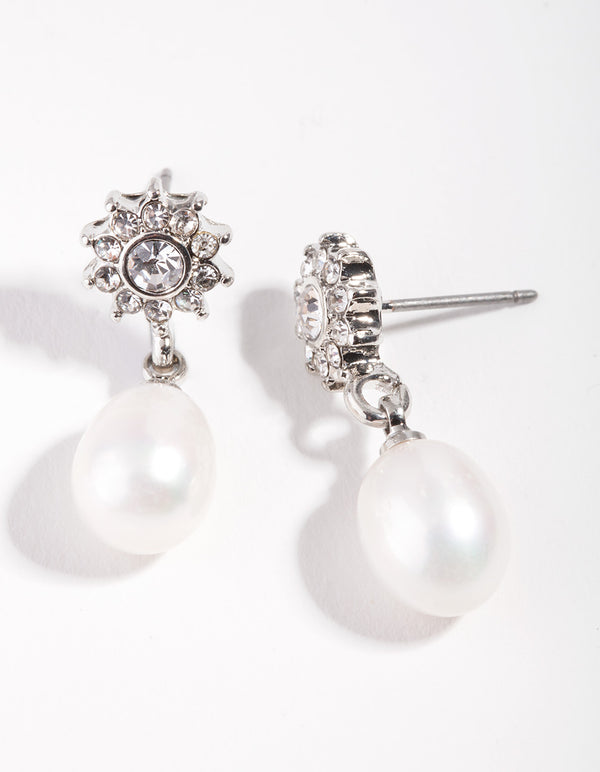 Rhodium Flower Pearl Drop Earrings