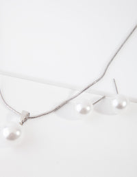 Rhodium Large Pearl Stud Necklace Earrings Set - link has visual effect only