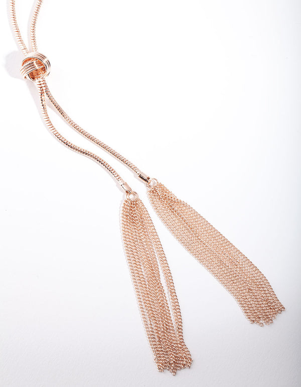 Rose Gold Lariat Knot & Tassel Necklace