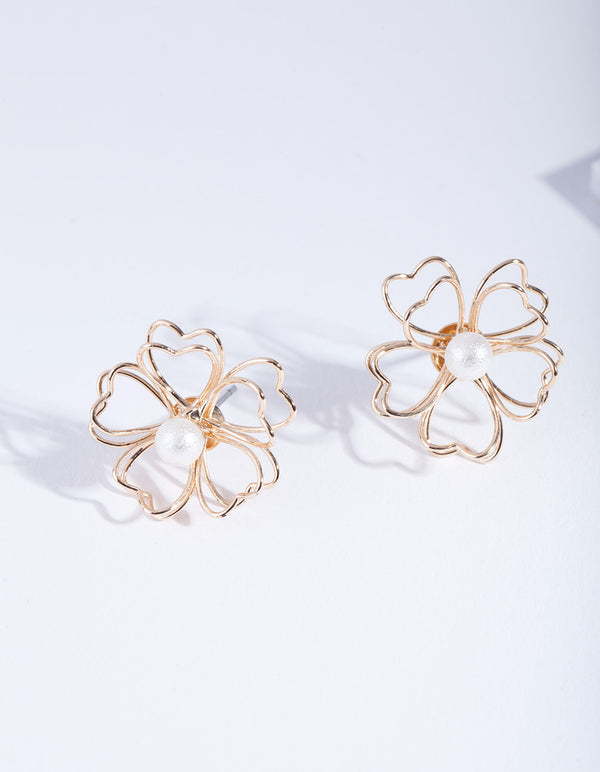 Gold Pearl Wired Flower Stud Earrings