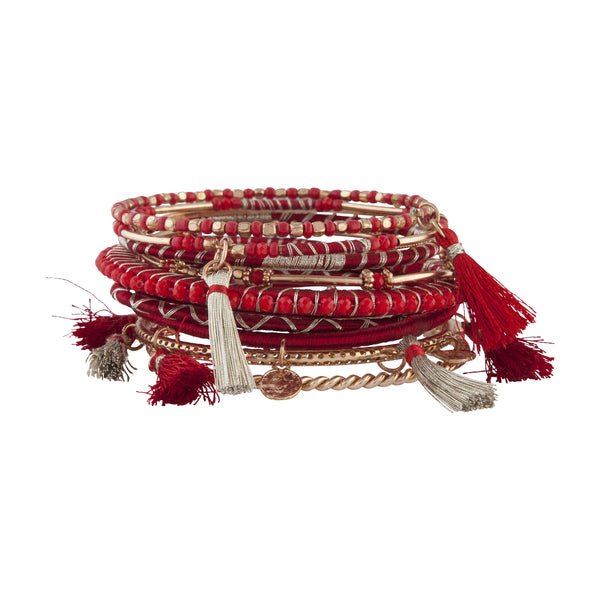 Red Rose Gold Tassel Bead Bangle Pack