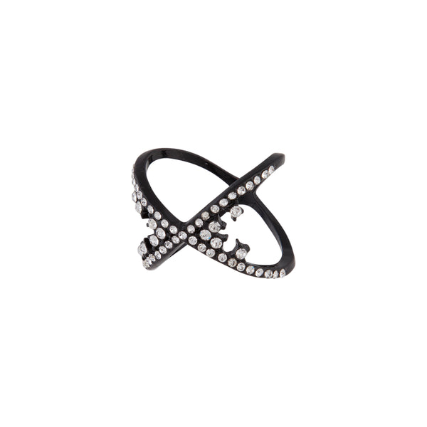 Black Silver Diamante Cross Ring