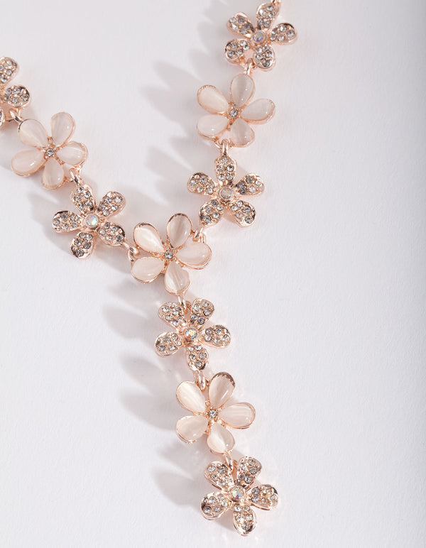 Rose Gold Acrylic & Diamante Flower Y Necklace