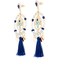 Gold Blue Beaded Tassel Drop Earring - link has visual effect only