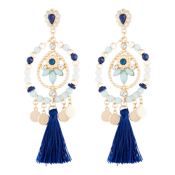 Gold Blue Beaded Tassel Drop Earring