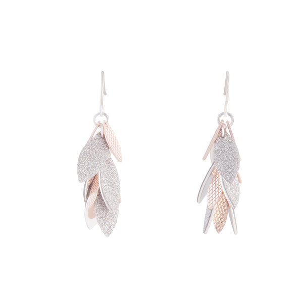 Silver Rose Gold Glitter Leaf Drop Earrings