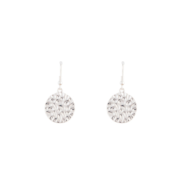 Silver Beaten Disc Drop Earrings