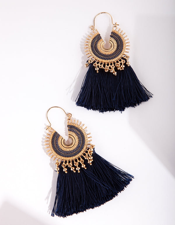 Gold Blue Etched Tassel Drop Earring