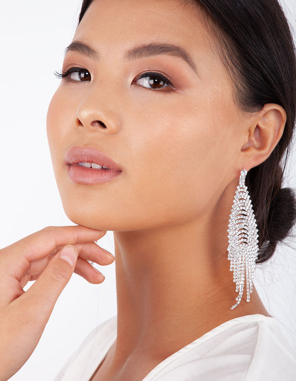 Silver Cup Chain Diamante Fringe Drape Earrings