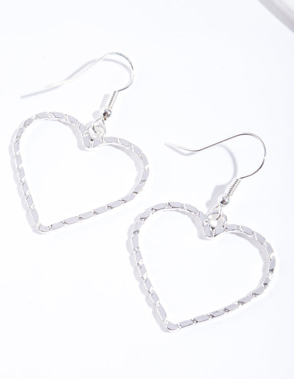 Silver Textured Heart Cut Out Drop Earring