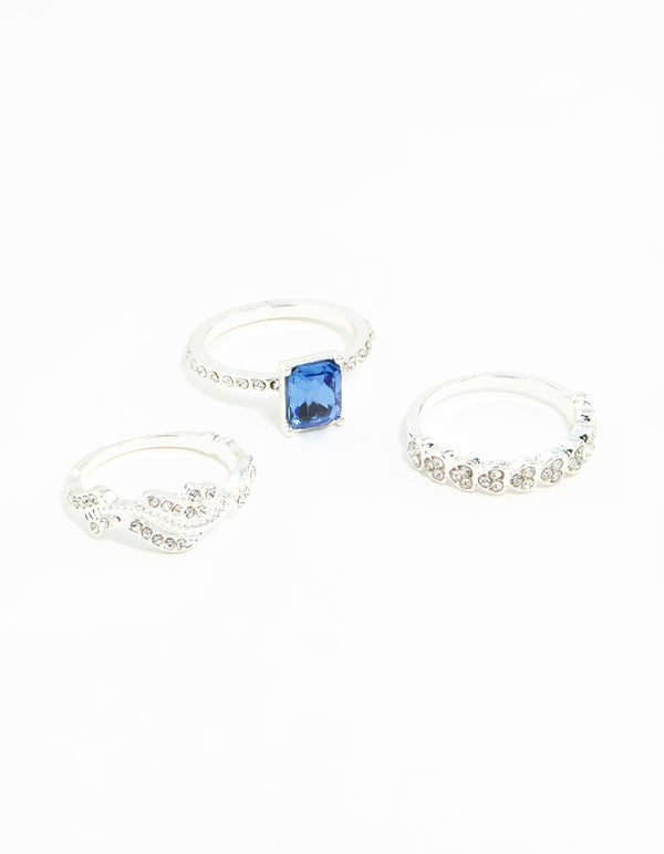 Silver Baguette Sapphire Diamante Ring Stack