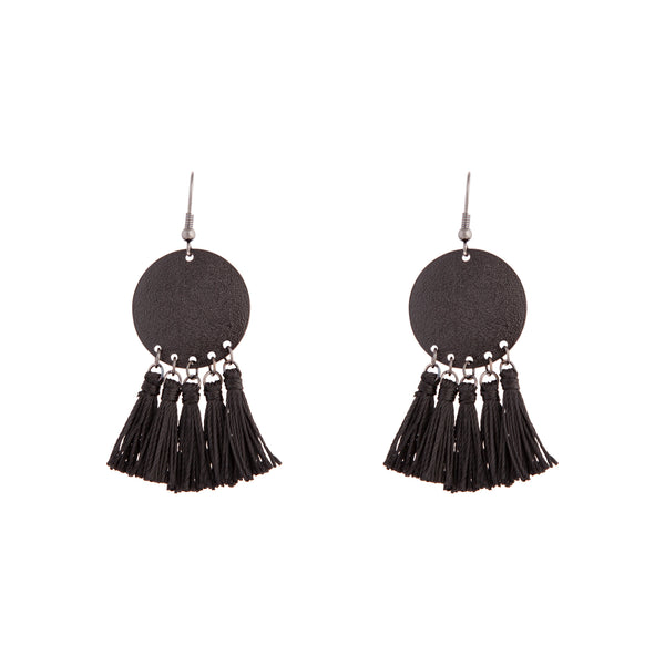 Black Sandblast Disc Tassel Earrings