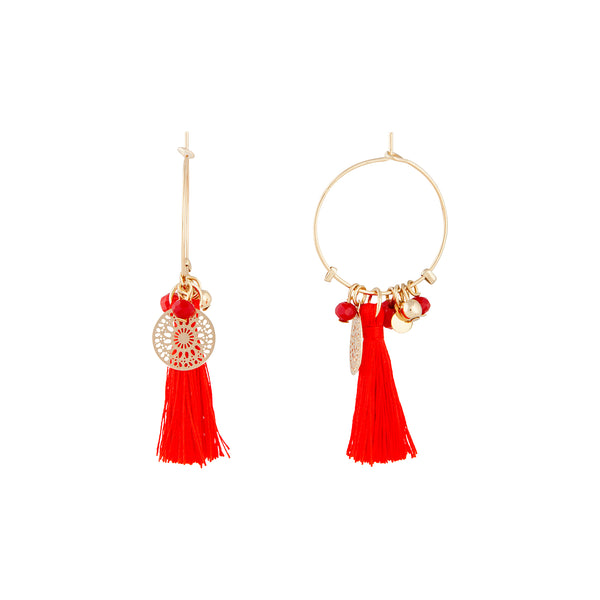 Red Fine Gold Charm Tassel Hoop Earrings