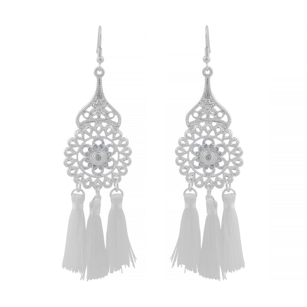 Silver Filigree & White Tassel Drop Earrings