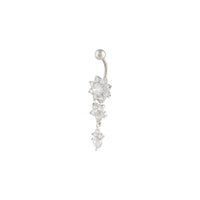 Rhodium Surgical Steel Cubic Zirconia Three Flower Belly Bar - link has visual effect only