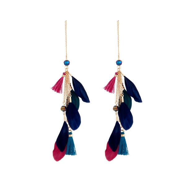 Gold Blue Pink Feather Drop Earring