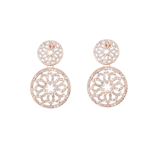 Rose Gold Diamante Filigree Double Circle Drop Earrings