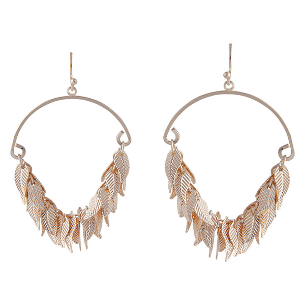 Rose Gold Leaf Tassel Hoop Earrings