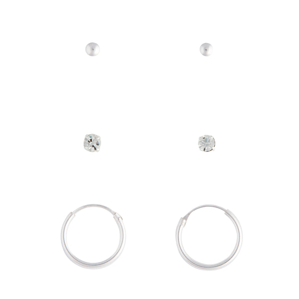 Sterling Silver Stud Diamante & Hoop Pack