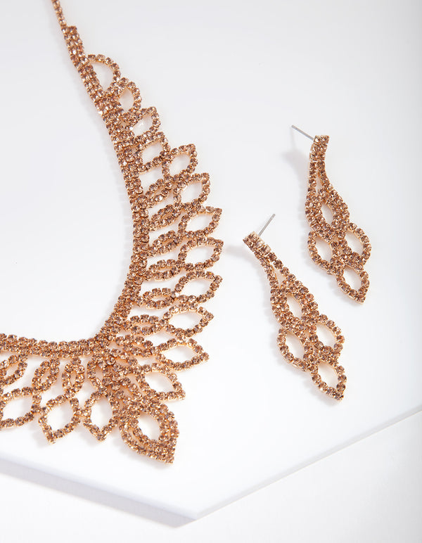 Brown Gold Diamante Earrings Necklace Set