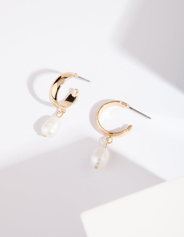 Gold Sleeper Pearl Drop Earrings