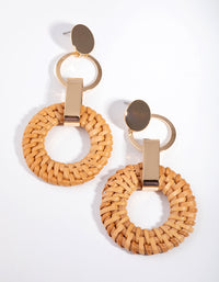 Gold Brown Raffia Circle Link Earrings - link has visual effect only