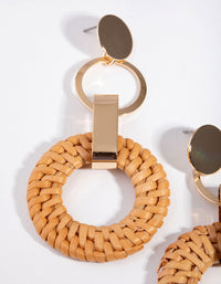 Gold Brown Raffia Circle Link Earrings - link has visual effect only