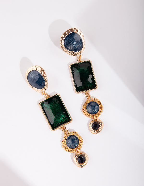 Gold Deep Ocean Blue Gem Earring