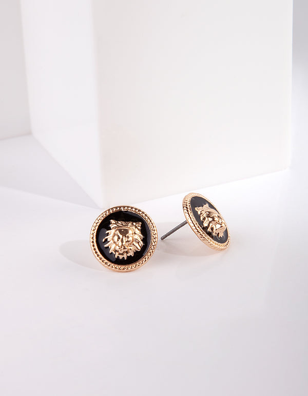 Gold Black Lions Head Stud Earrings