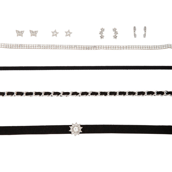 Black Silver Choker & Earrings Set