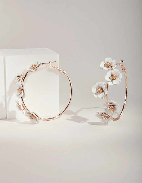 Rose Gold White Flower Charm Hoop Earrings