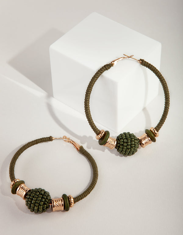 Khaki Green Bead Hoop Earrings