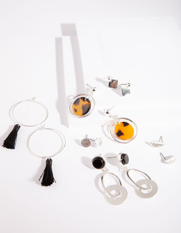 Silver Tortoiseshell Tassel Earring 6-Pack