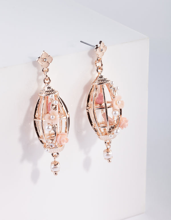 Rose Gold Bird Cage Drop Earrings