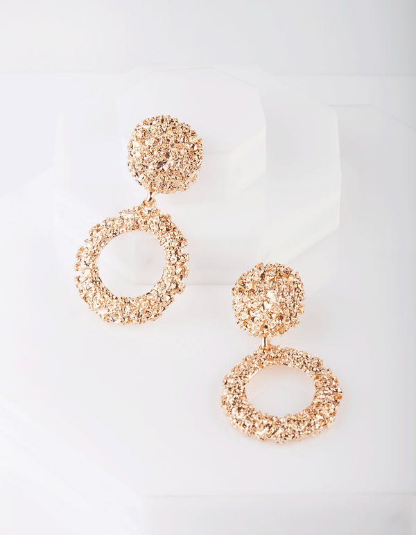 Gold Textured Round Drop Earrings