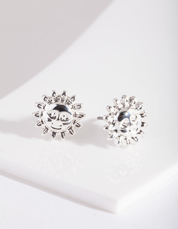 Silver Smiling Sun Stud Earrings