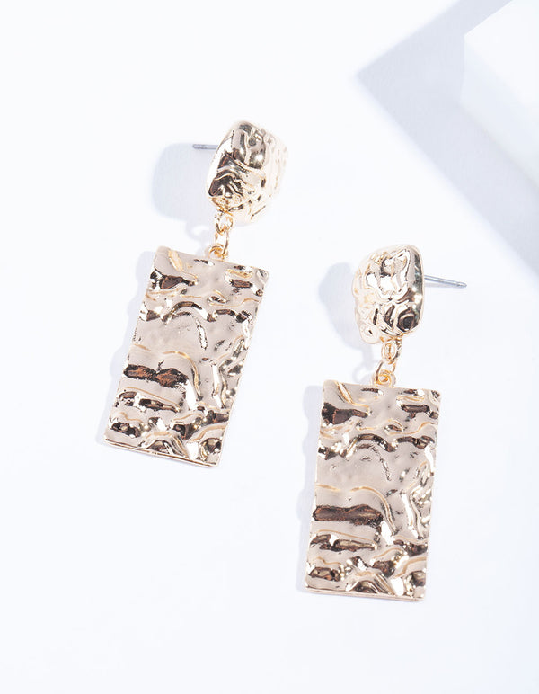 Gold Crater Rectangle Drop Earrings