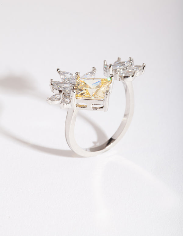 Silver Cubic Zirconia Citrine Open Leaf Ring