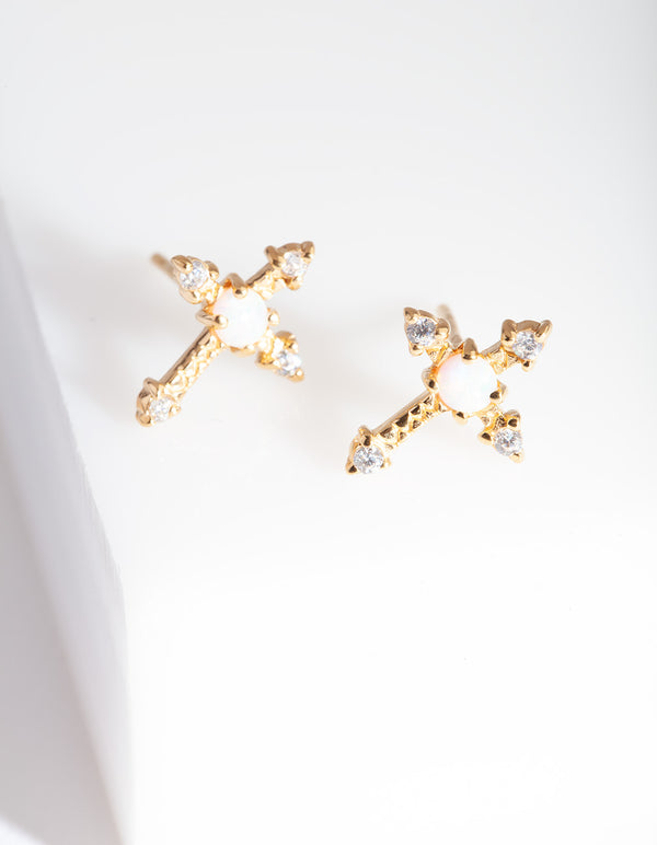 Gold Plated Sterling Silver Synthetic Opal Cross Stud Earrings