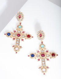 Gold Multi Gem Cross Earrings - link has visual effect only