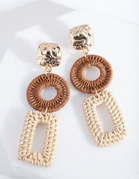 Gold & Brown Raffia Geometric Drop Earrings - link has visual effect only