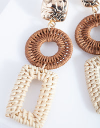 Gold & Brown Raffia Geometric Drop Earrings - link has visual effect only