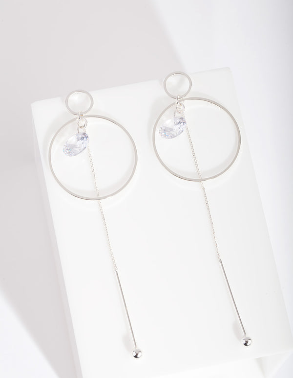 Silver Cubic Zirconia Circle Charm & Chain Earrings