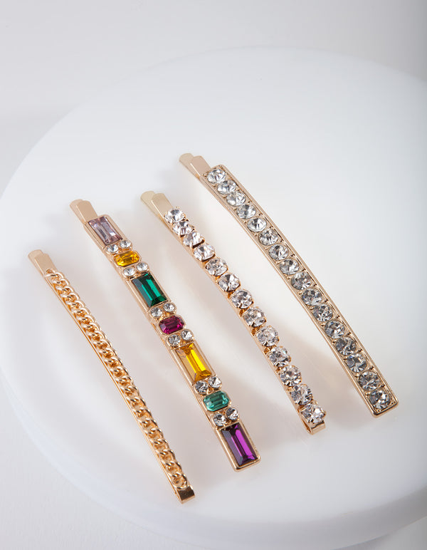 Gold Long Multi Jewel Hair Pins 4-Pack