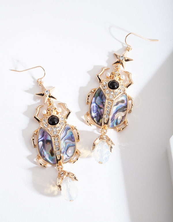 Gold Blue Swirl Beetle Earrings