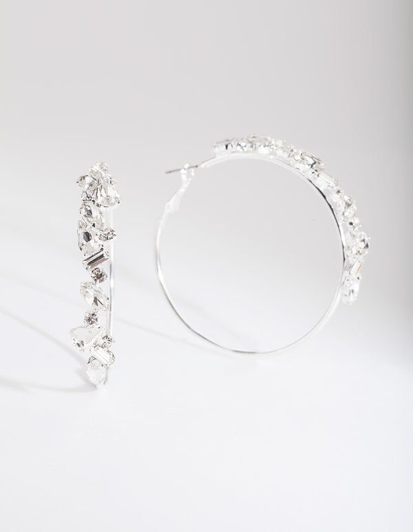 Silver Cluster Gem Hoop Earrings