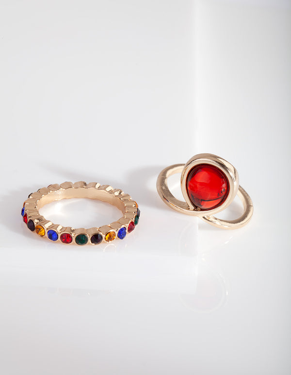 Gold Rainbow Diamante Red Ring Pack