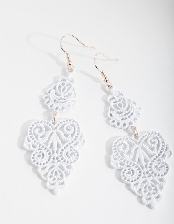 White Large Filigree Drop Earrings