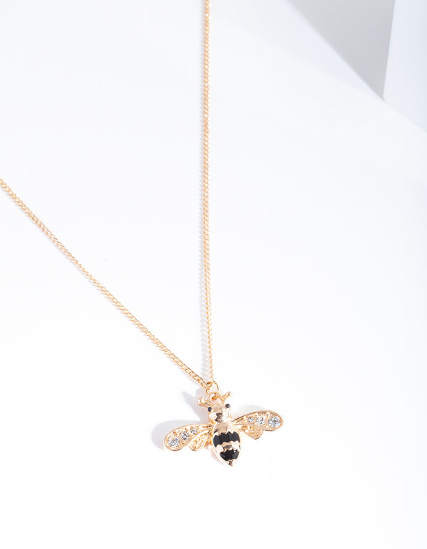 Gold Black Diamante Bee Necklace